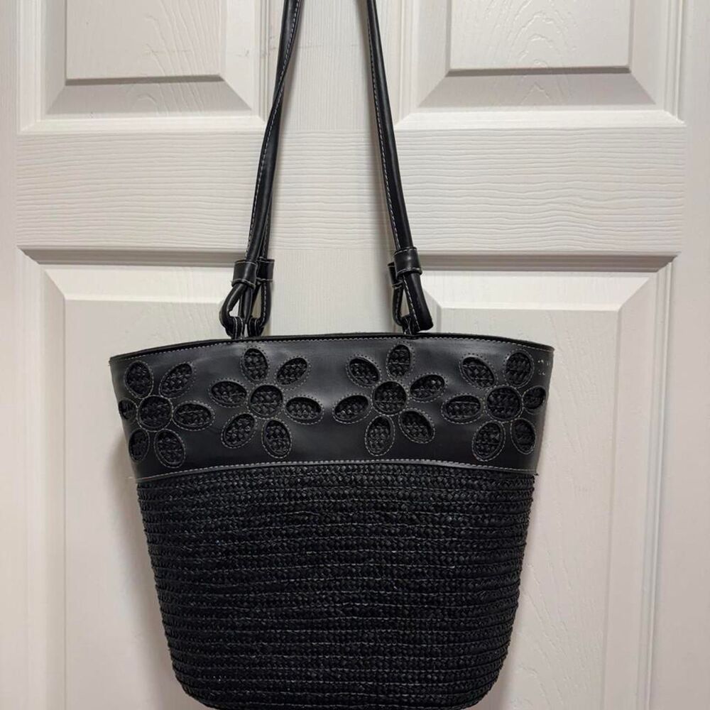 Black Wicker and Leather Shoulder Bag